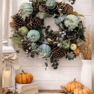 Large Woodland Farmhouse Wreath – Moody Green Pumpkins & Pinecones – 18”